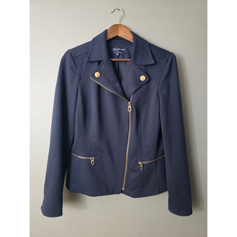 Jones New York Signature Navy Blue Moto Jacket Gold Zip Stretch Sz 8 107M444606